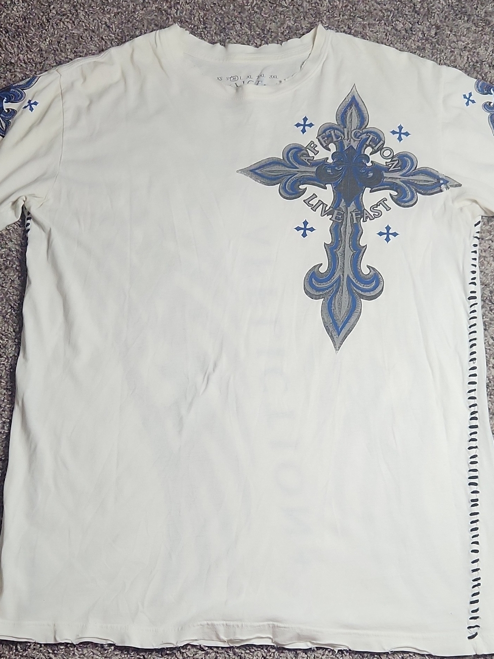 Affliction White Short Sleeve Tee with Blue Cross Graphic